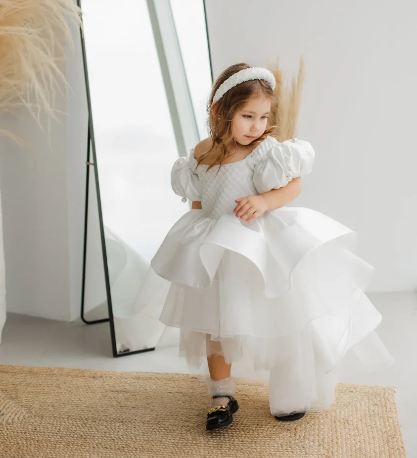 New Arrival White Flower Girl Dress for Wedding Off the Shoulder Short Puff Sleeves Princess Holy First Communion Dress Child