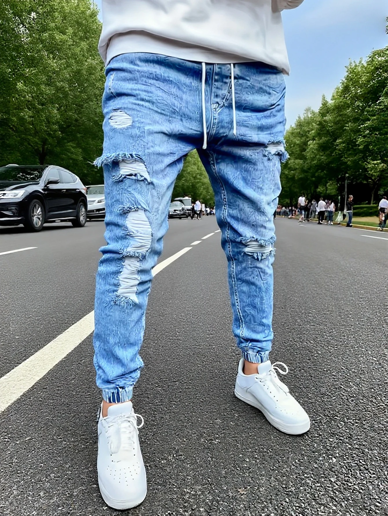 

Мужские синие узкие джинсы с потертостями, с уникальным изношенным дизайном и модным стилем длиной до щиколотки, легким созданием сотрудничества.