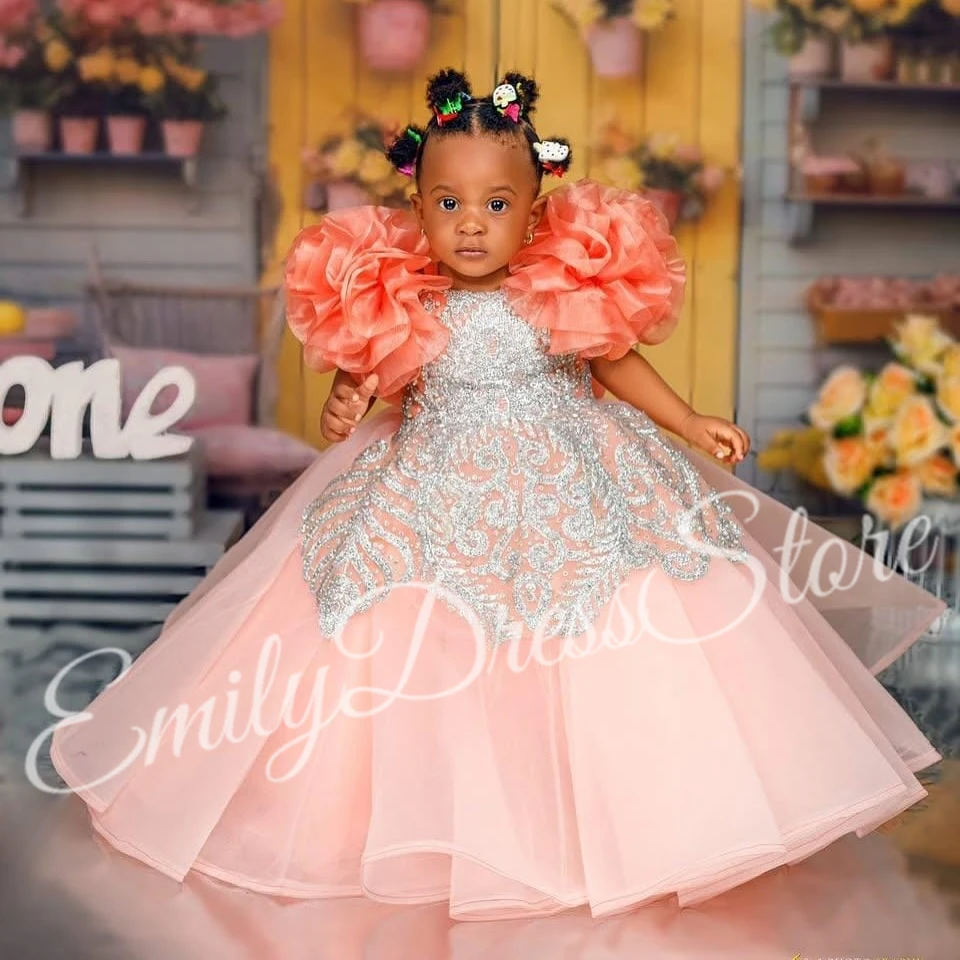 

Customized Orange Flower Girl Dress For Wedding Satin Floor Length Puffy Sleeveless Kids Birthday First Communion Ball Gown