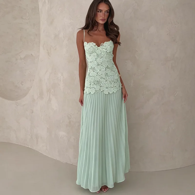 MsChuh Women Evening Dresses Customized Exquisite Floral Lace Bodice Spaghetti Strap Pleated Chiffon Pink Ankle-length Dress