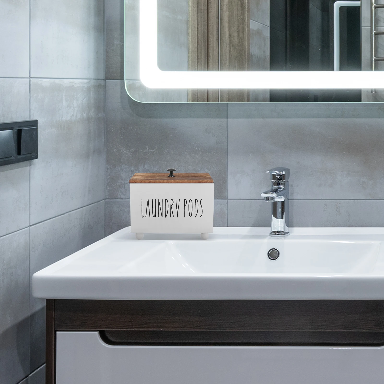 

Rustic Wood Laundry Pod Container with Lid Organizer Laundry Room Storage Box Farmhouse Style Bathroom Countertop