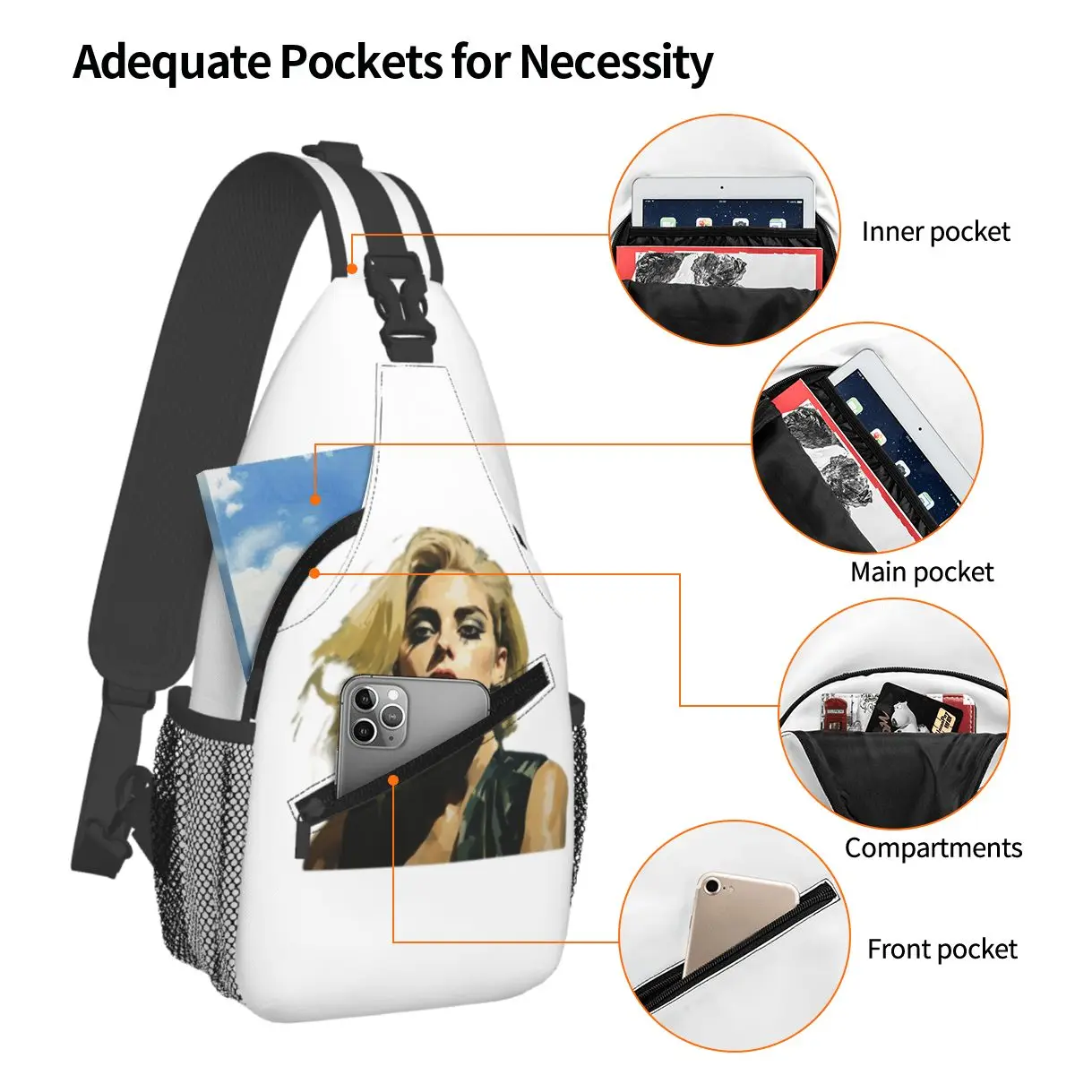 Singer Lady Gaga Chest Bag Men Sling Crossbody Backpack Chest Bag Traveling Hiking Daypack Shoulder Bag