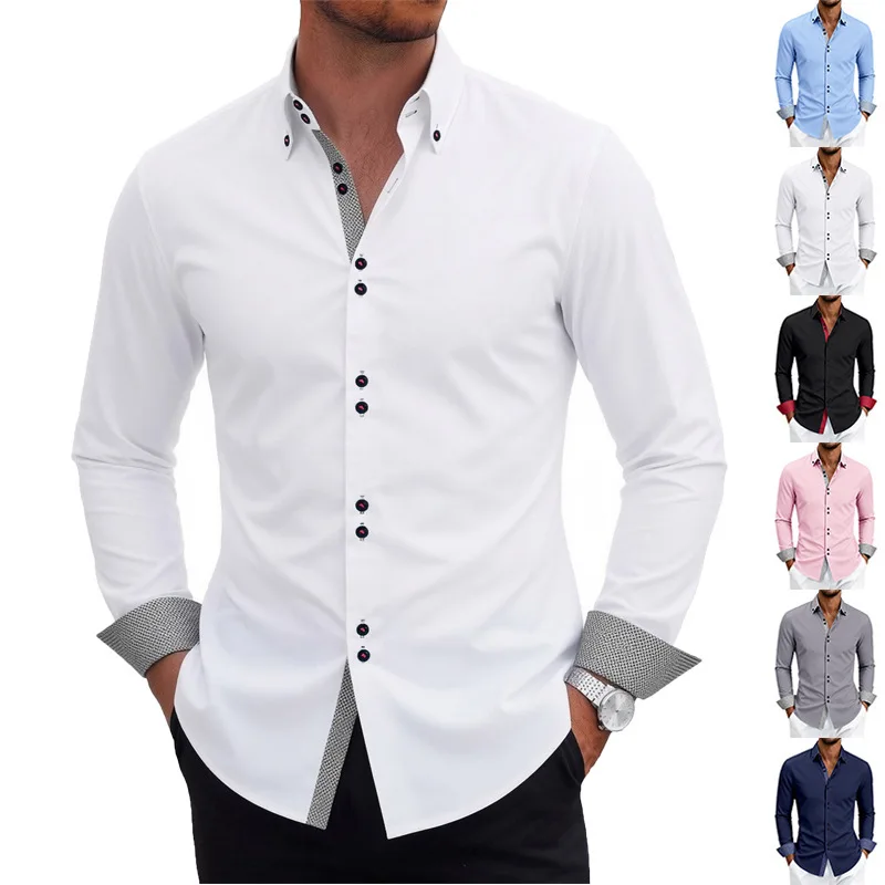 Men's Business Casual Contrast Color Breathable Double-Buckled All-Season Stretch Wrinkle-Free Long-Sleeve Button-Down Shirt