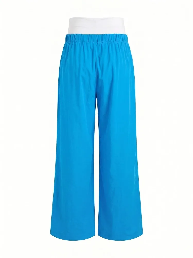 Yeezzi Women's Fashion Patchwork Tied Waist High Waisted Wide Leg Matching Pants Loose Pockets Casual Palazzo Trousers Bottoms view 4