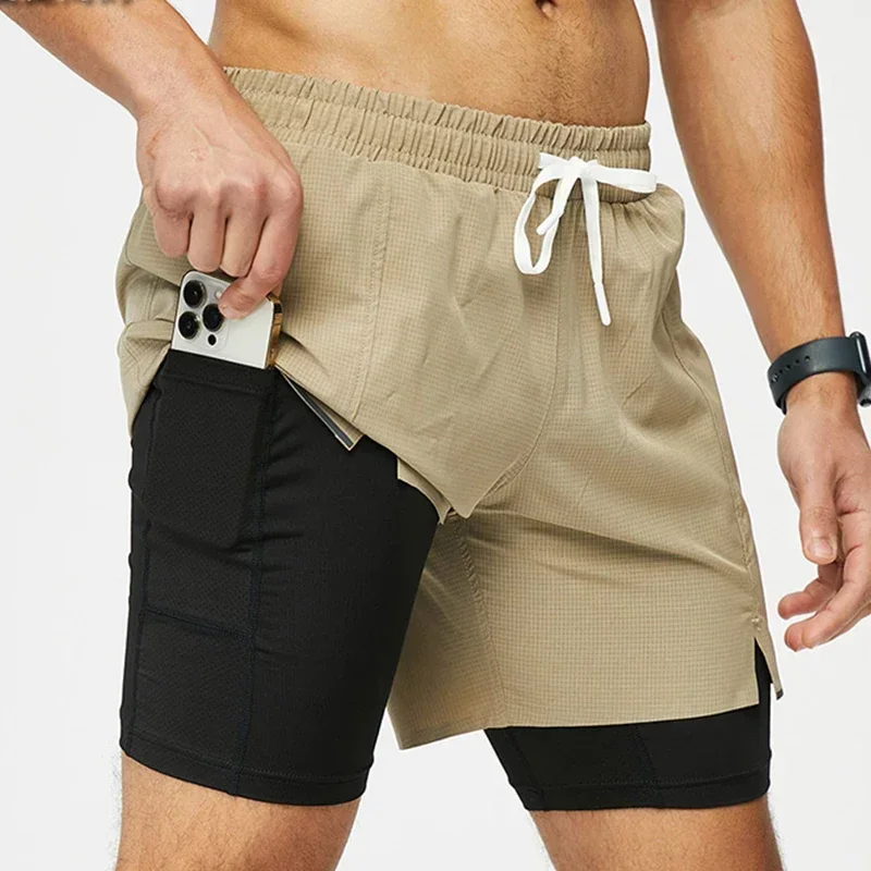2 in 1 Herren Doppel deck Strand Sweat Shorts mit Pocket Running Training kurze Hosen Marathon sportliche atmungsaktive Jogging hose