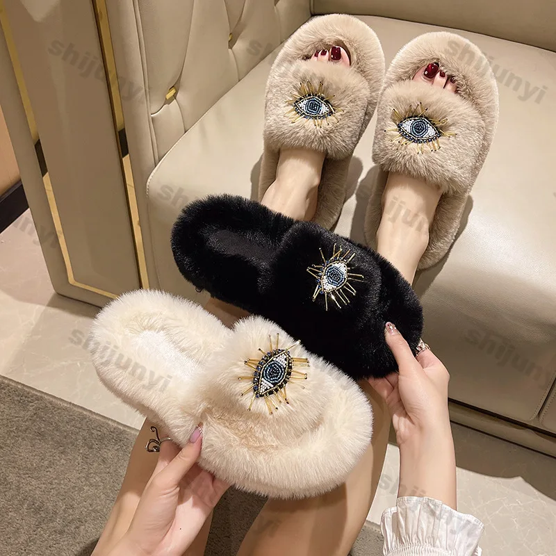 Women Winter Fashion Soft Warm New Comfort Flat Fur Slipper Outside Fluffy Slippers Indoor Soft Plush Shoe Women luxury Slippers
