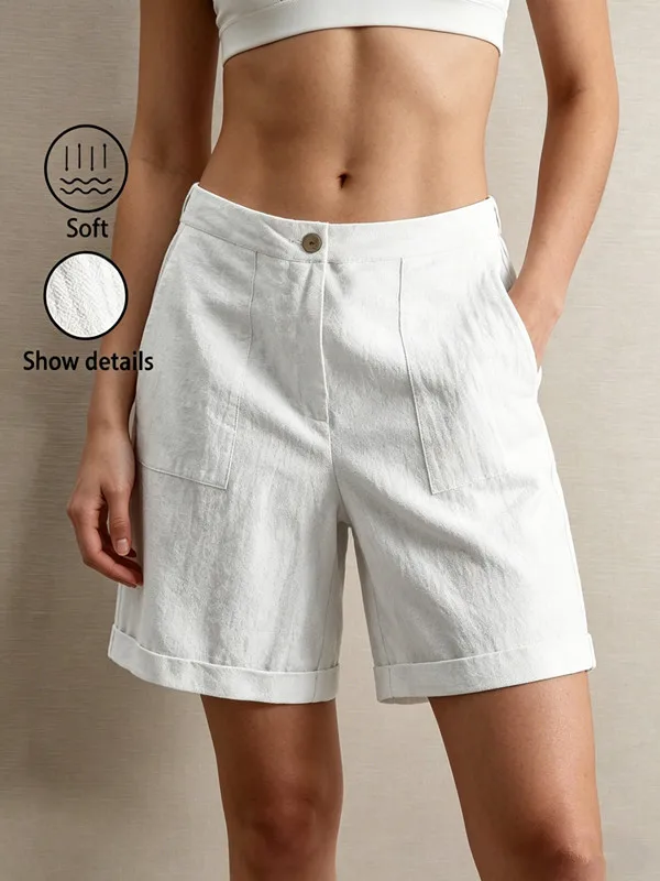 Summer Thin Linen Shorts for Women Retro High End Loose Casual White Wide-leg Beachwear Five-Quarter Length Elastic Waist