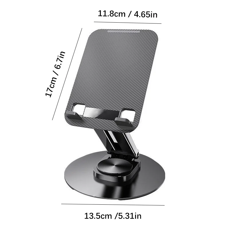 360° rotatable metal base, an ingeniously designed portable desktop stand for tablets, mobile phones and laptops.