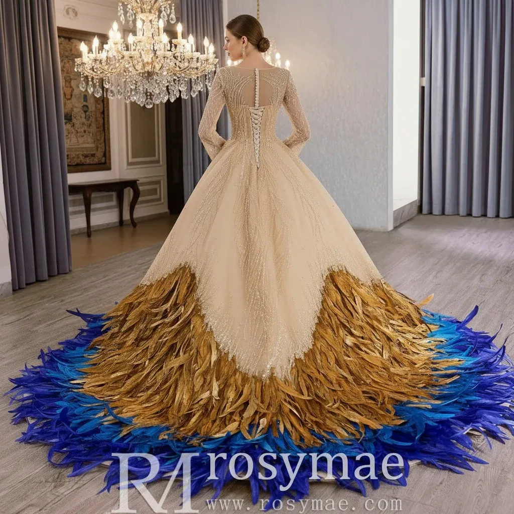 Rosymae Women's Champagne Gold Bridal Dress Long Sleeve Wedding Gown with Feathers vestido de boda