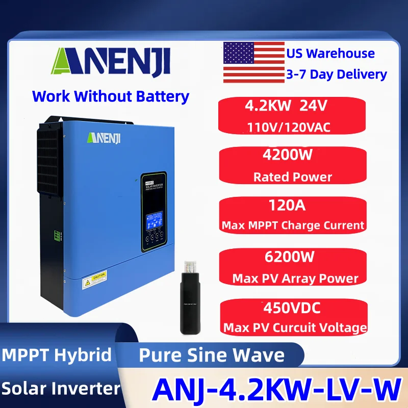 ANENJI 4.2KW Hybrid Solar Inverter 110v/120v 24v Off Grid Inverter Built-in 120A MPPT Solar Charge Controller Max PV 6200w Fit LiFePO4 Lithium Battery