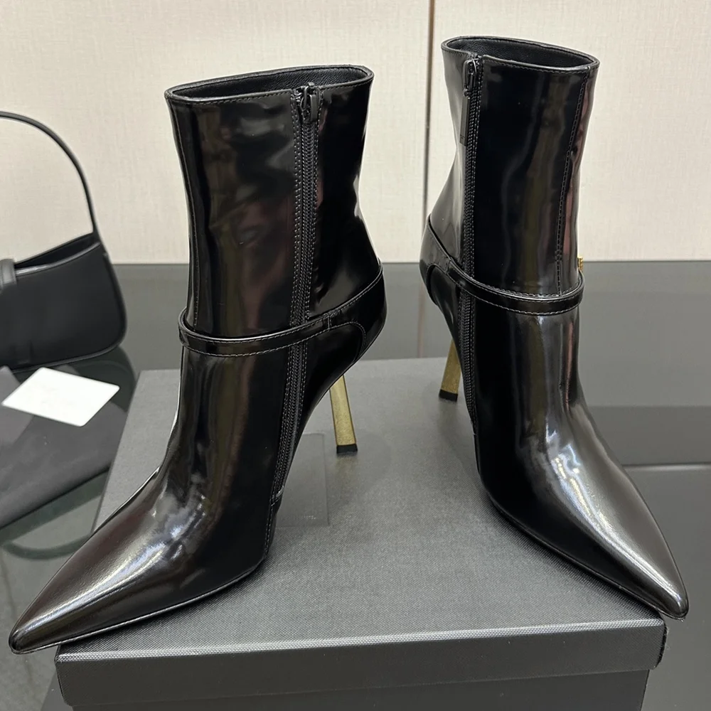 

Metal Buckle Belt Stiletto Ankle Boots Sexy Pointed Toe Zipper Thin Heel Matte Leather New Arrivals Fashion Women Boots