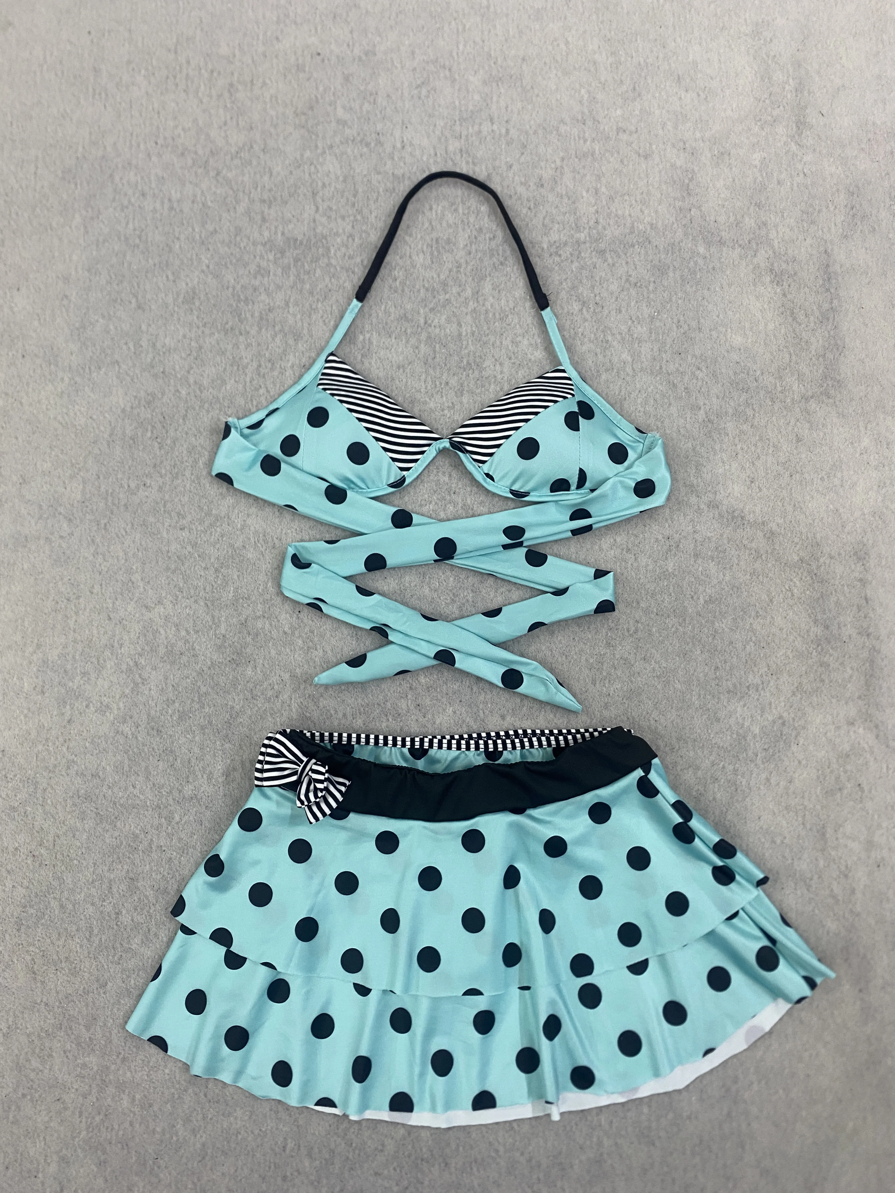 2026 Light Blue Polka Dot 3 Piece Bikini Halter Wrap Tie Swimsuit Ruffle Skirt Beach Swimwear
