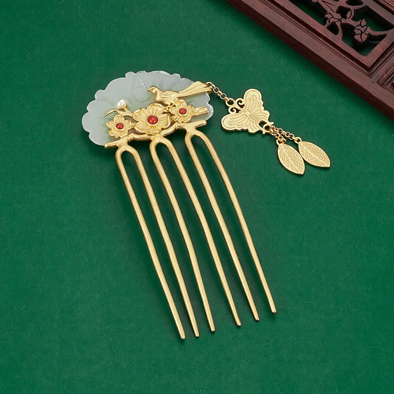 S925 Sterling Silver Hairpin for Women New Fashion Magpie on the Branch Jade Hair-sticks Headwear Hair Accessories Hair-combs