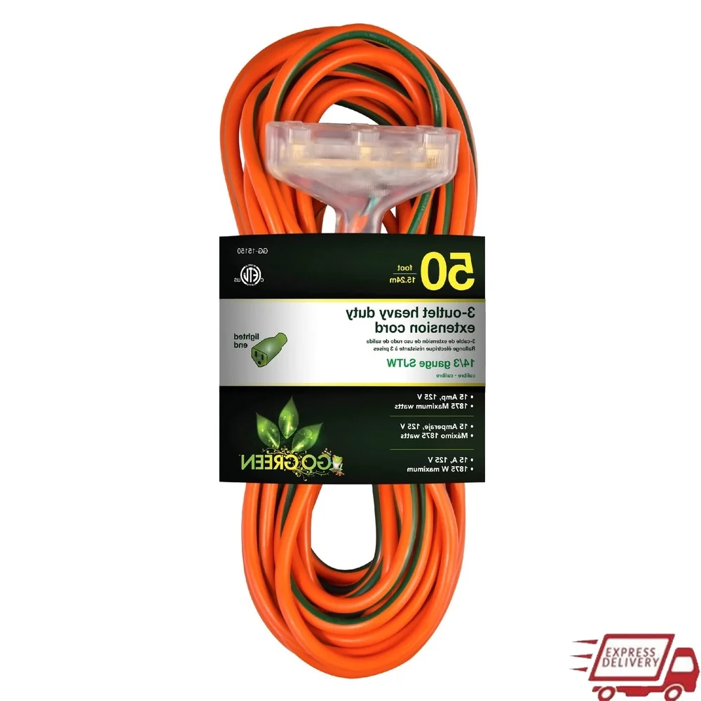 

50 Ft Heavy Duty 14/3 SJTW 3-Outlet Extension Cord Lighted End Moisture Resistant Durable Kink Free Indoor Outdoor Use