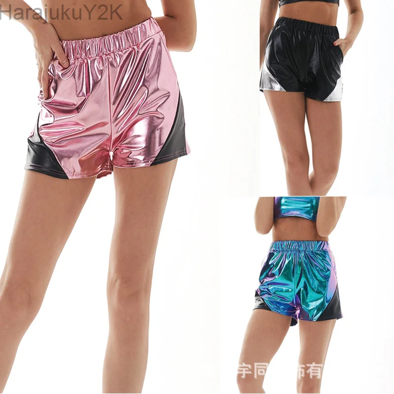 

Women Summer Patchwork Metallic Shorts Sparkly Rave Yoga Elastic Waist Hot Short Booty Outfits Casual Holographic Shorts