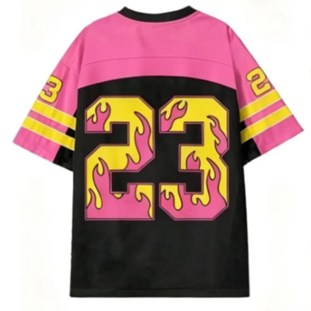 Flame No. 23 Flame Graffiti Pattern V-neck Retro Hip Hop Casual Loose Sports Street Style T-shirt