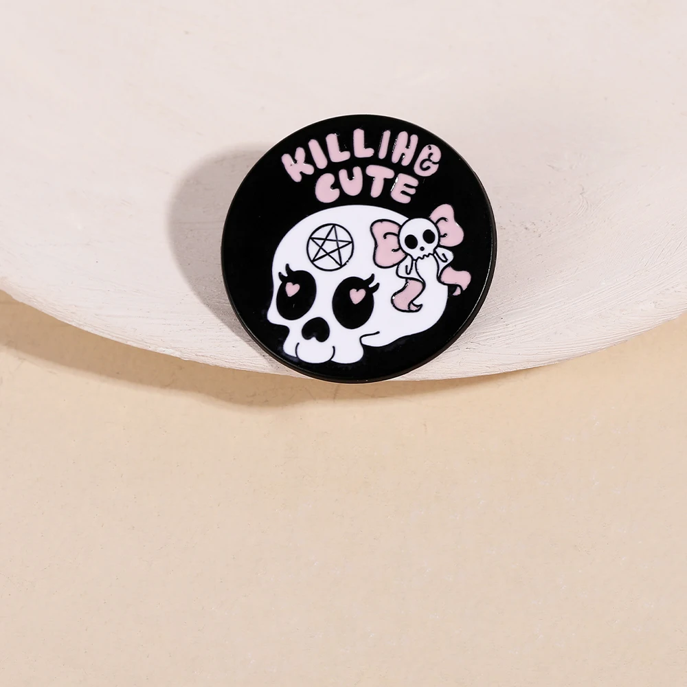 Punk Skull Bowknot Enamel Brooches Letter Killing Cute And Death Emblem Skeleton Head Design Lapel Round Pins With Free Shipping