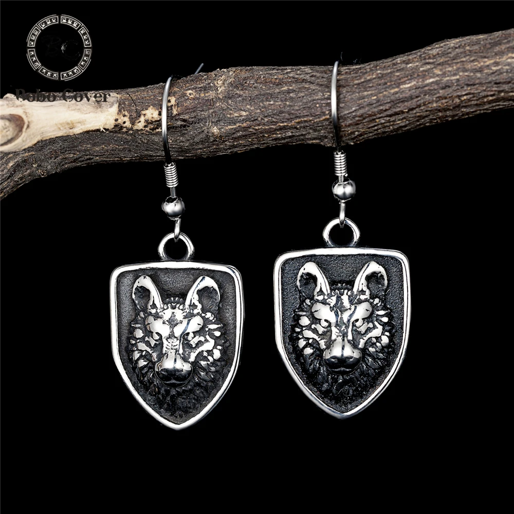 Sheildmaiden-pendientes de acero inoxidable con escudo de lobo vikingo nórdico para mujer, colgante de gota, joyería escandinava, regalos Retro