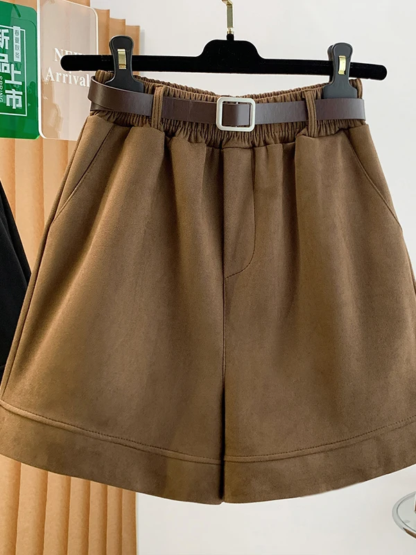 Women's Suede Short Pants High Waist A-Line Wide Leg Casual Bootcut Shorts for Autumn Winter Outerwear Matching Long Boots