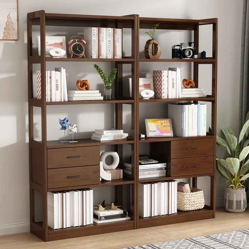 Nordic all solid wood bookshelf floor combination bookcase simple log bookcase living room storage rack display