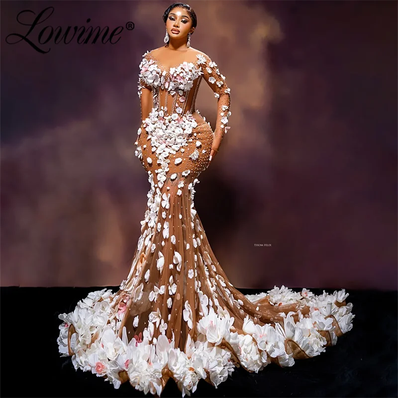 White Florals Brown Illusion Mermaid Prom Dresses Crystals Evening Gown Couture Party Second Reception Birthday Engagement Dress