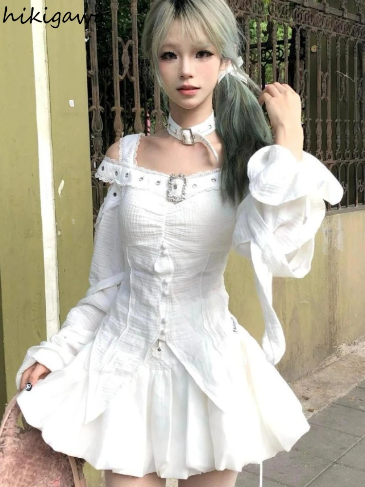 

Women's Clothing Skirt Suit Two Piece Sets Off Shoulder Long Sleeve Blouse High Wasit Pleated Mini Skirt Outfits Summer Y2k Set