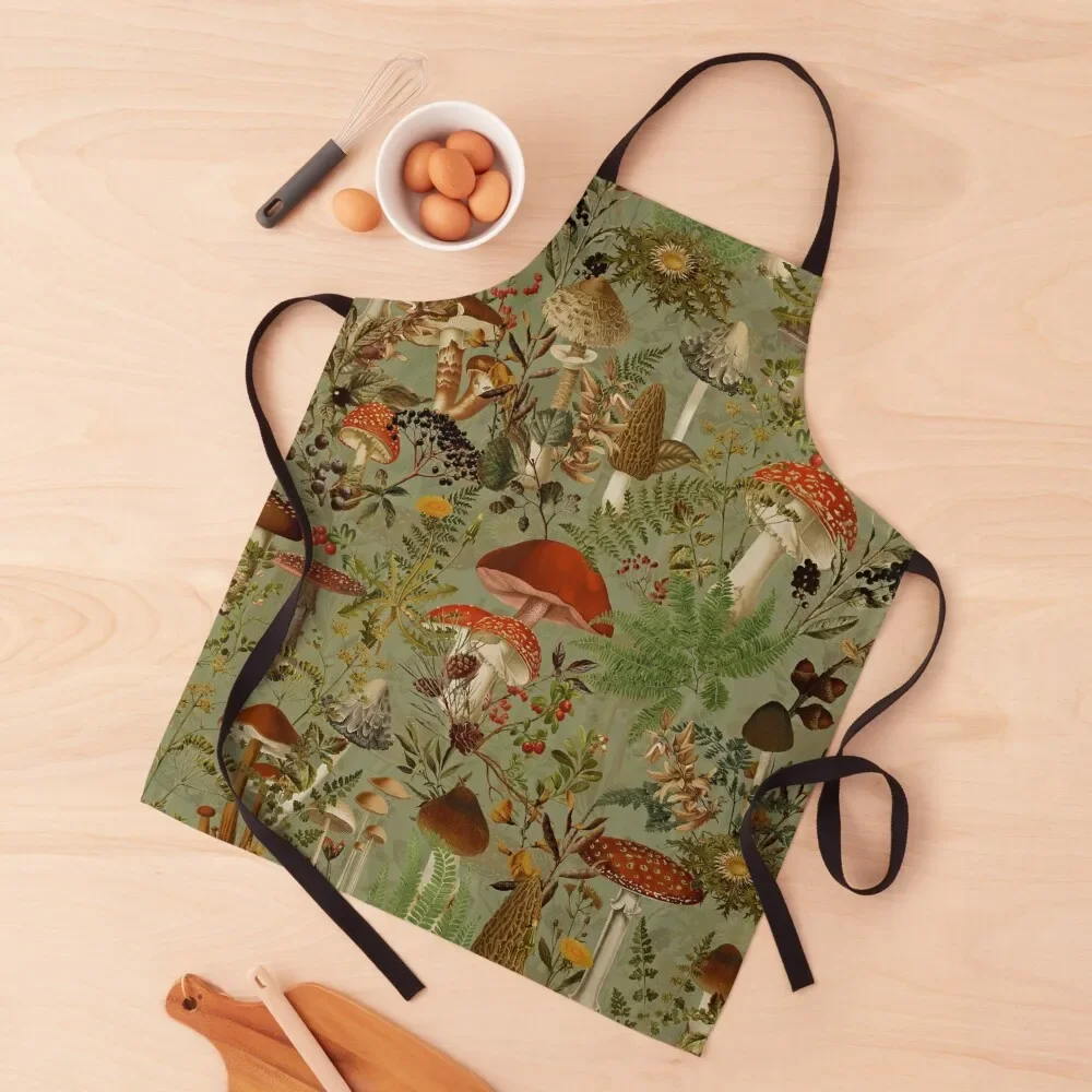 

Vintage Mushrooms Forest Botanical Pattern - Sage Botanical Garden Apron For Kitchen Apron