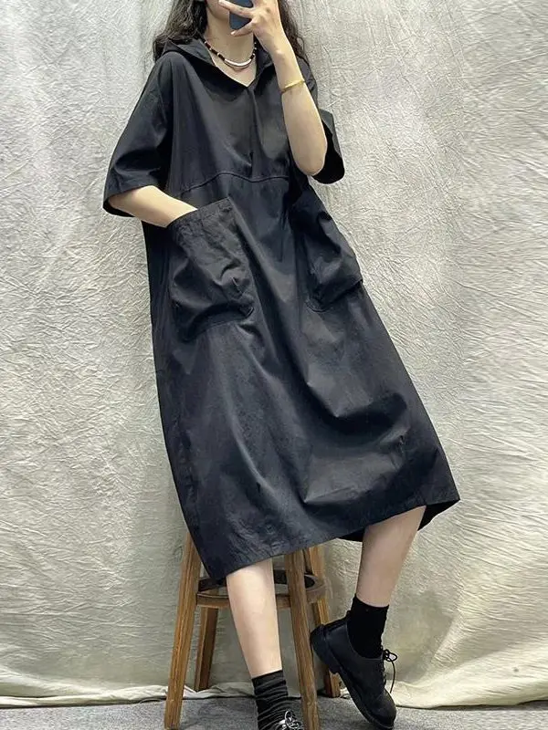 Summer New Women's Loose Casual Hooded ort Sve Dr Artistic Sle plus Size Slimming Mid-Length Cotton Dr