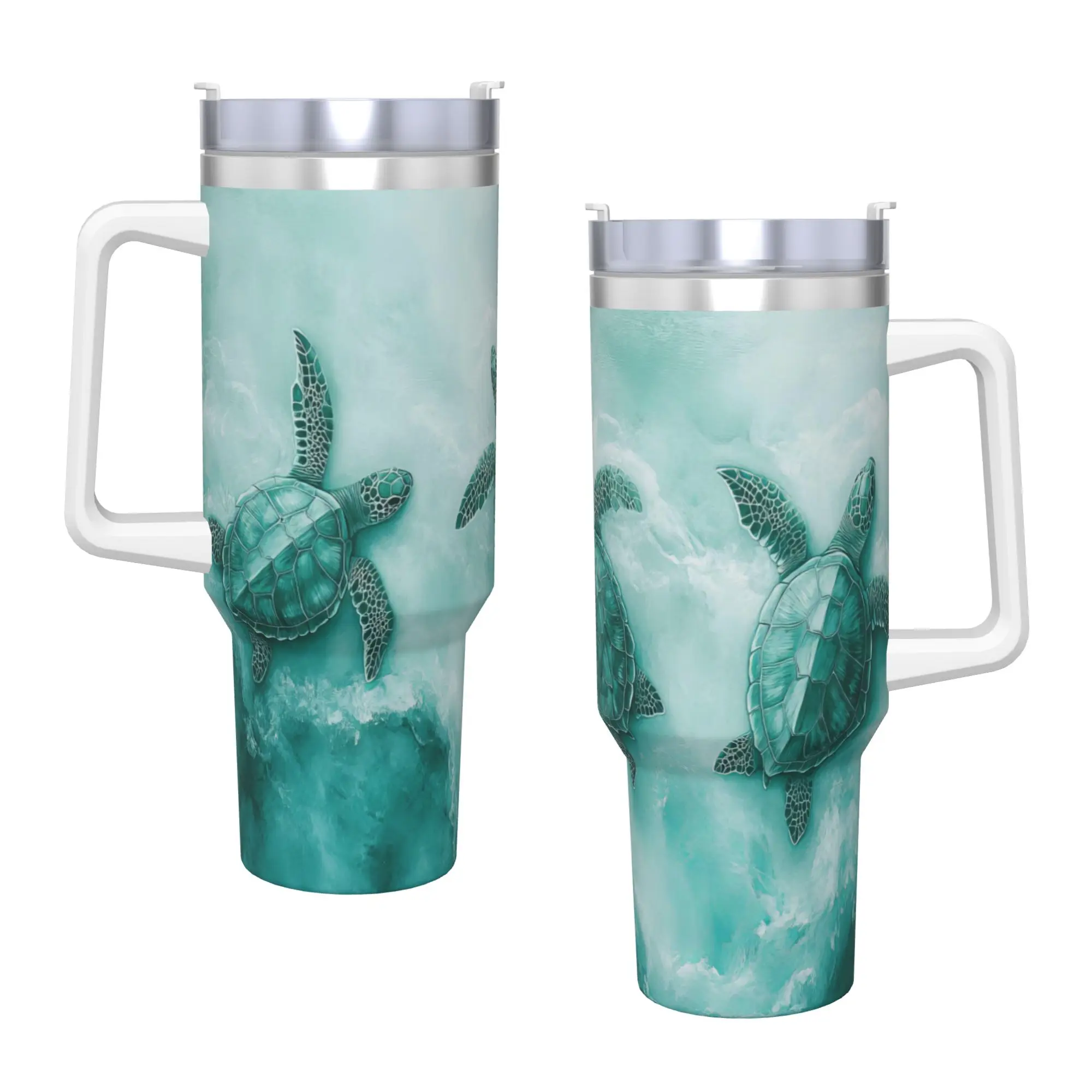 Three Teal Sea Turtles Ocean Wave Painting Stainless Steel Tumbler  Travel Thermal Mug With Straws and Lid Large Capacity Mugs