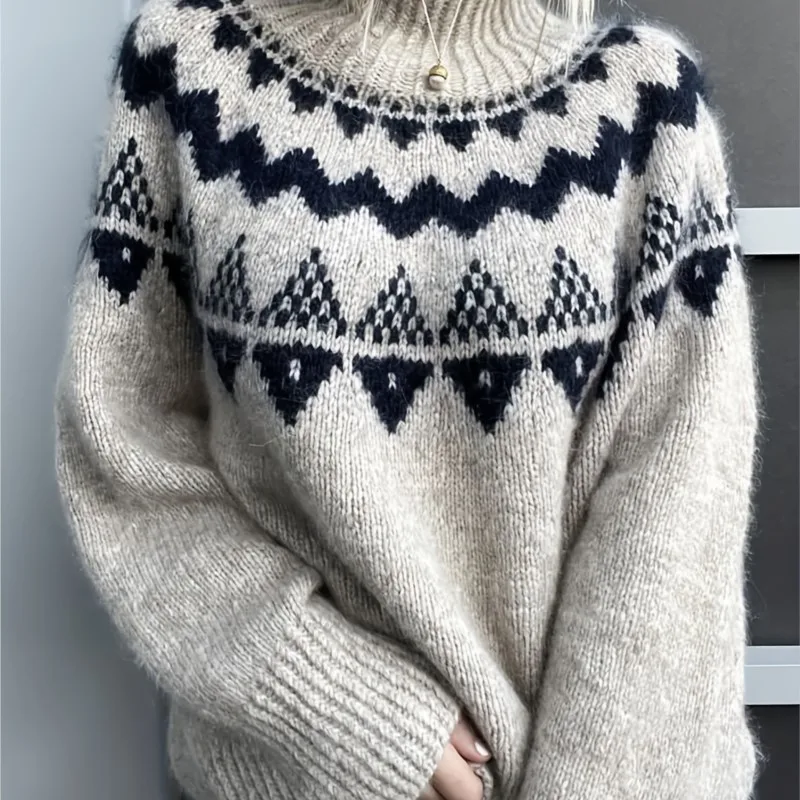 

Womens New Sweater Spring Versatile Turtleneck Fashion Pattern Retro Lazy Pullover Sweater