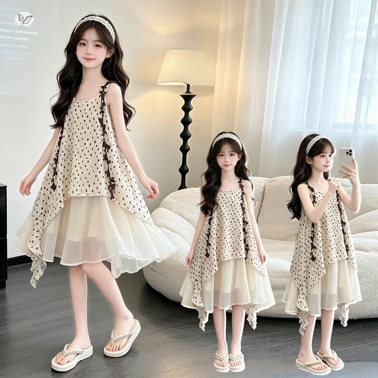 2026 Summer New Teens Girls Bohemian Casual Vest Princess Polka Dot Cami Dress Sweet Ribbon Irregular Hem Beach Sundress