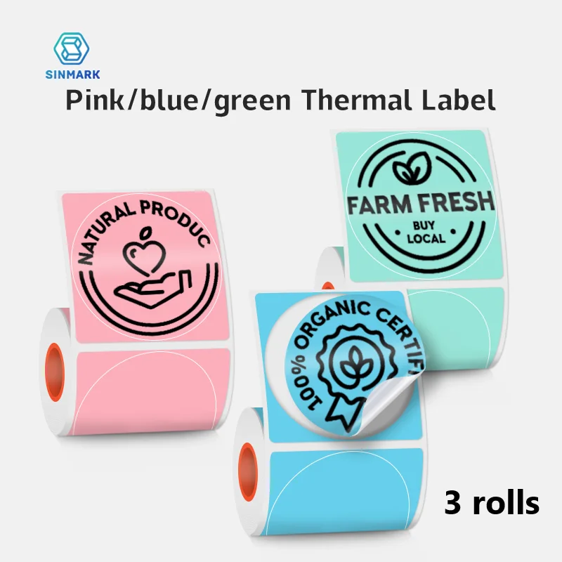 SINMARK 3 Rolls Round Color Thermal Label Paper Pure Waterproof Labels Cute Handmade DIY Self-Adhesive Stickers Use for Printer