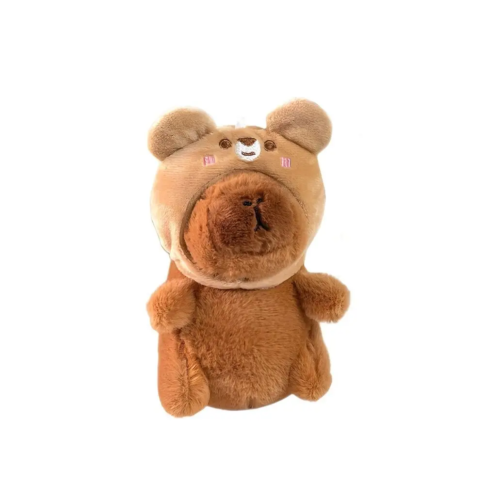 Fur Capybara Plush Keyring Kawaii Plush Stuffed Kapibara Plushies Pendant Fashion Cartoon Bear Hood Keychain Hanging Accessory