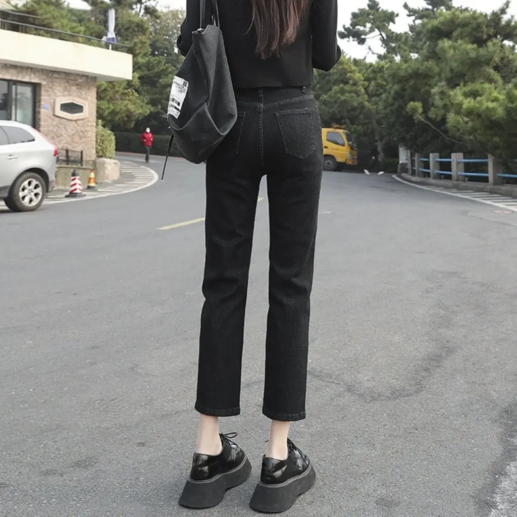 

Женские джинсы с высокой талией на флисовой подкладке, утепленные прямые брюки-трубы на осень-зиму, новый стиль, дымчато-серый цвет