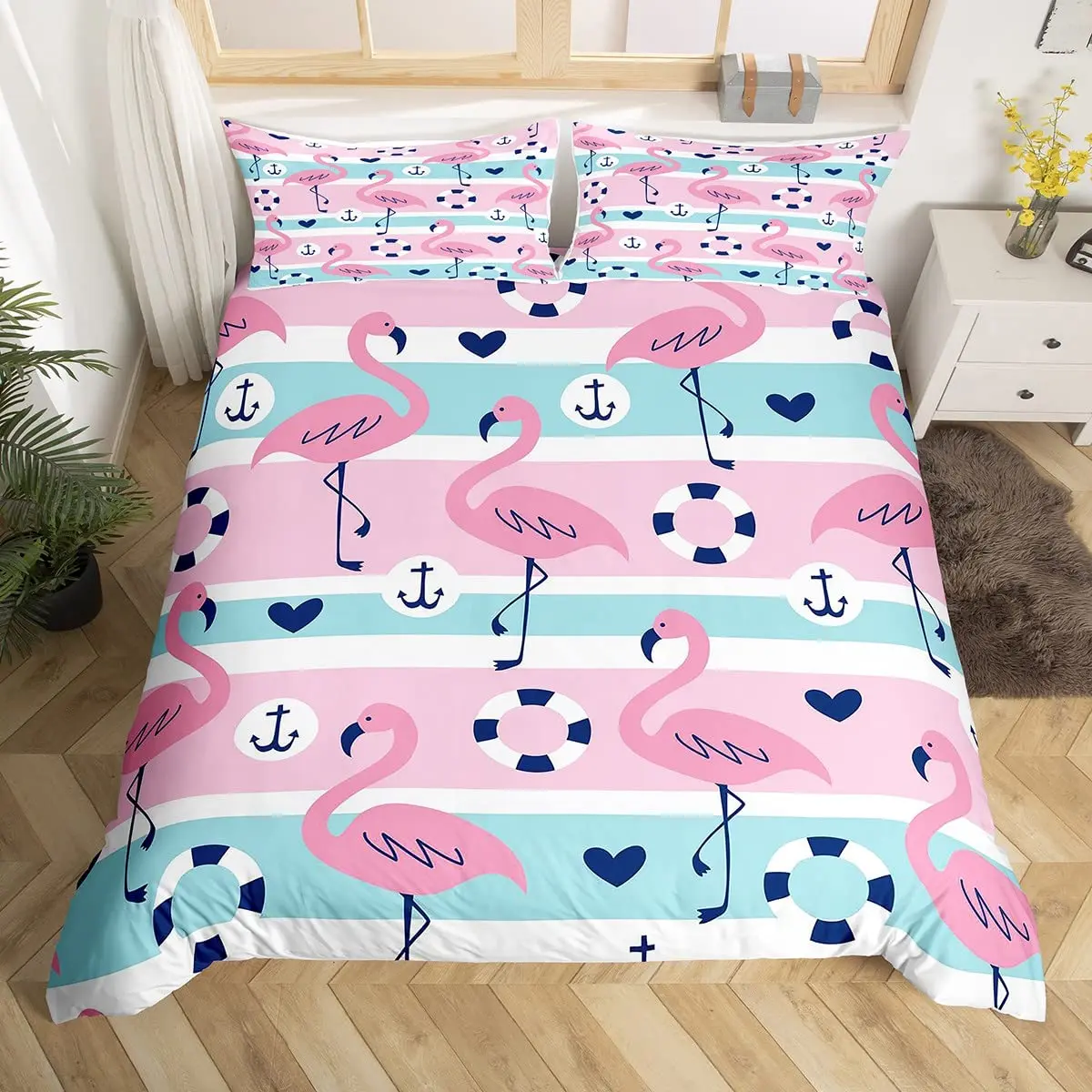 Flamingo Bedding Set Palm Leaf Comforter Cover King Size Toucan Flamingos Duvet Cover Kids Girls Boys Tropical Botanical Leaves