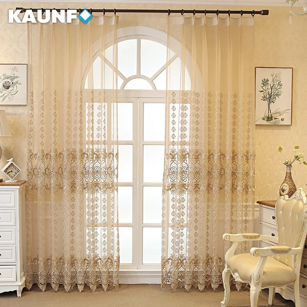 KAUNFO European Style Embroidered Floral  Tulle Sheer Curtain Window Transparent for Balcony French Window Decor 1PC