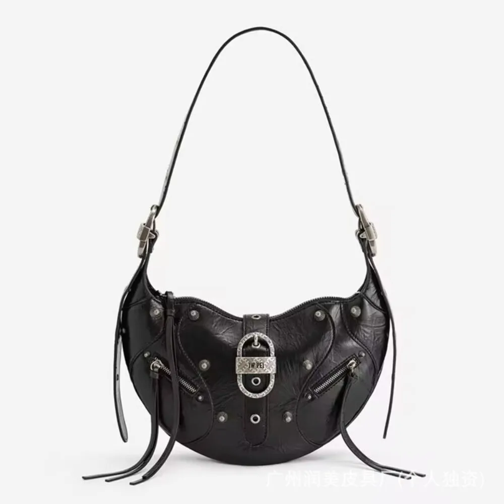 JW Pei Croissant Bag en cuir ciré, grande capacité, épaule/bandoulière moto, sensation luxueuse. Sac sous les bras