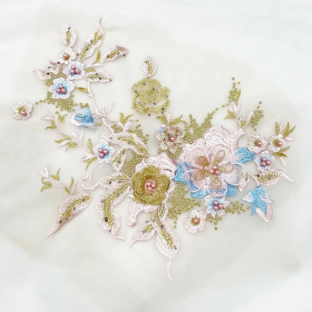 3D Nail Bead Embroidery Sticker Lace Embroidery Flower Cloth Sticker Wedding Dress Decoration Accessory Patch Sticker