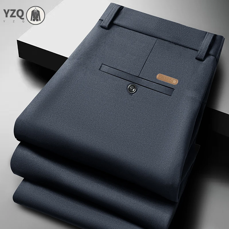Soft Smooth Male Formal Long Pants Anti Crease Stretch Fabric Leather Tag Belt Loop Office Banquet All Match Daily Bottoms