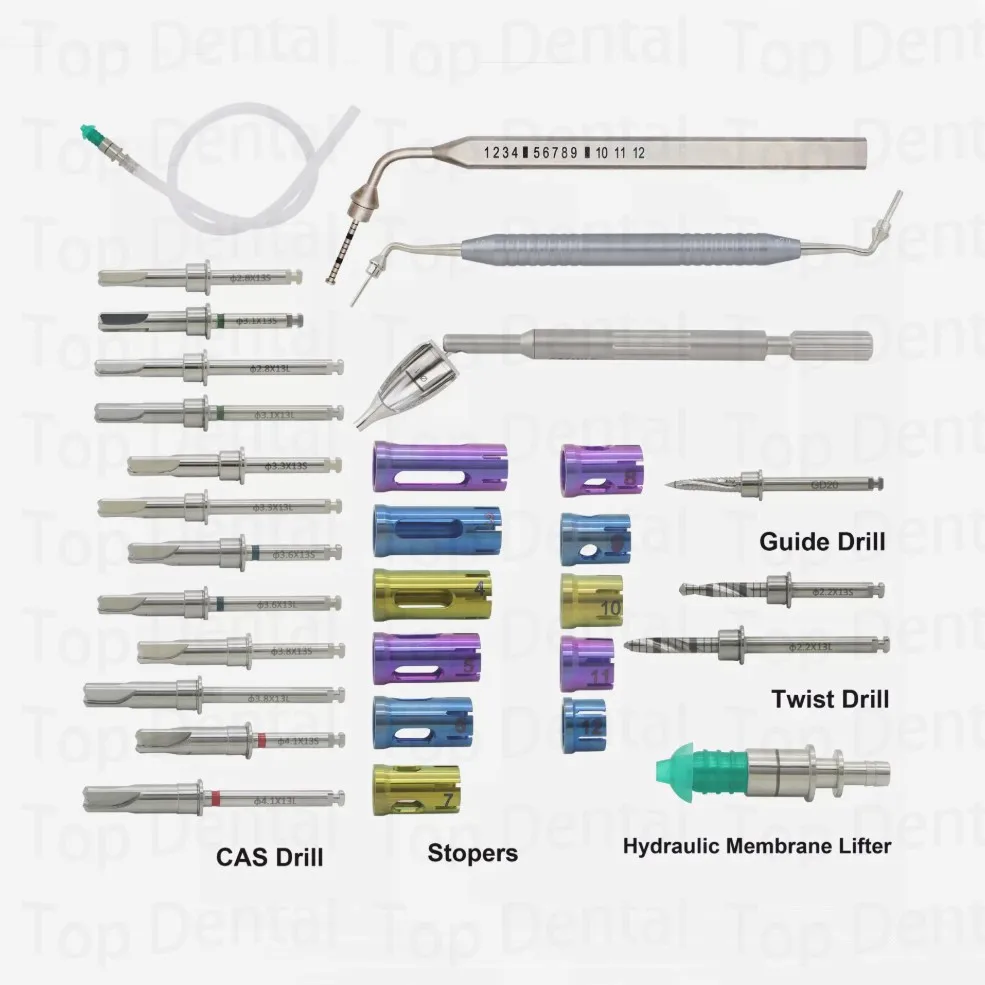 

Стоматологический пазух, гербовый подъемник, гидравлический аква-наконечник, комплект CAS, стопоры, спиральная дрель, глубиномерный измеритель, носитель костей, разбрасыватель, имплантат, хирургический