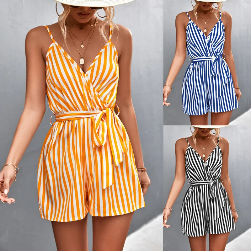 

Summer Jumpsuit For Women Sexy Stripe Spaghetti Strap Jumpsuit Loose V-Neck Summer Romper Shorts Beach Playsuit Female Outfit