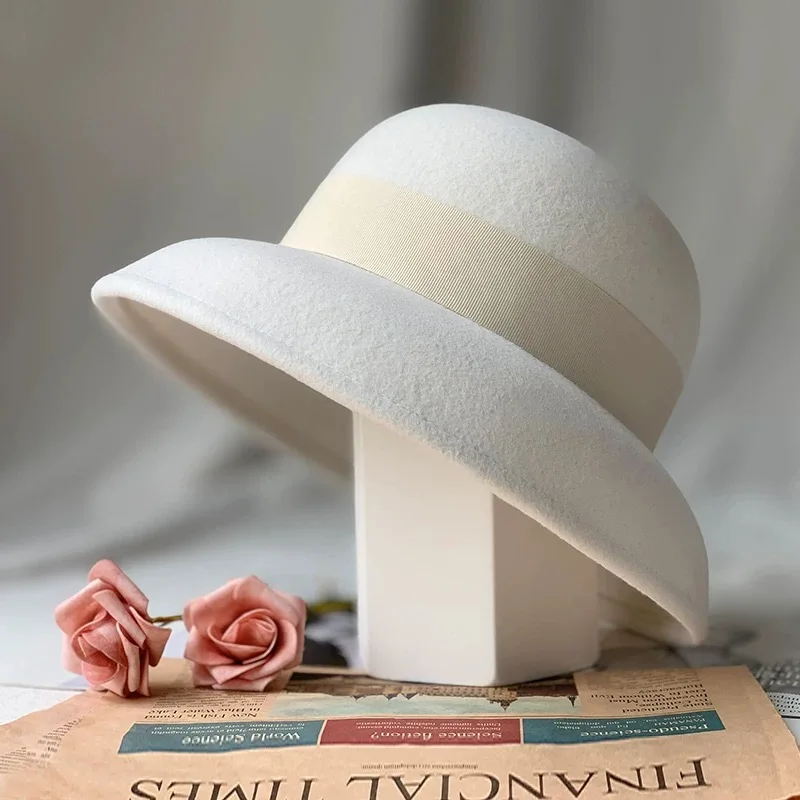 Classic French Retro Hepburn Style Fall Winter Wool Fedora Hat Women Warm Fisherman Bucket Basin Hat White Wedding Bonnet Enfant