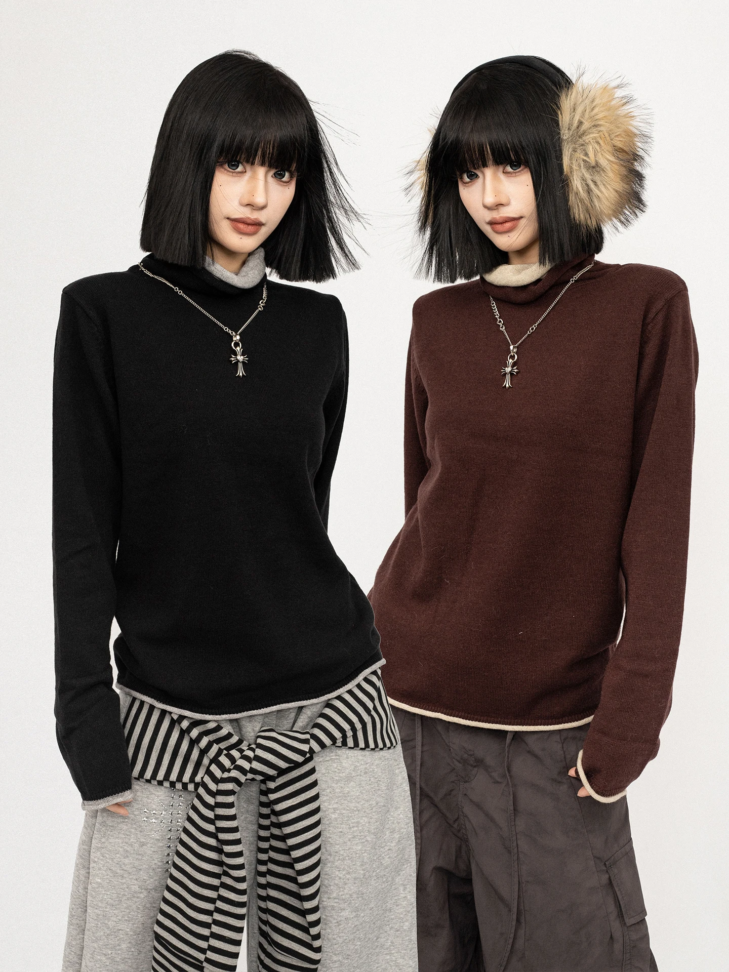 

Вязаный женский топ OCTTFLAB с высоким воротником, свободного кроя, с длинным рукавом, базовый слой, корейский стиль, зимняя мода