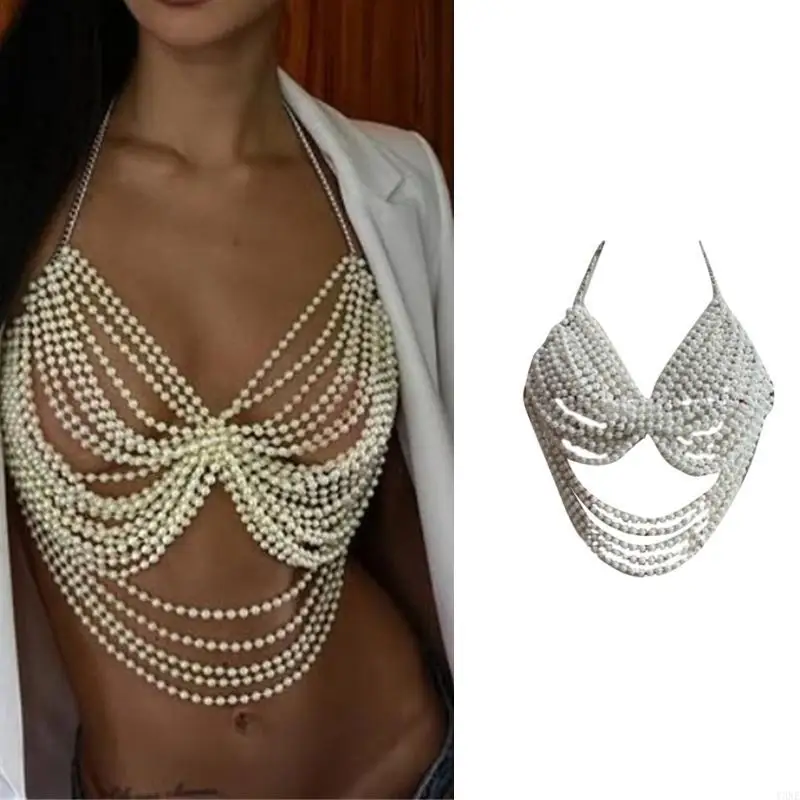 Y3NE Women's Pearls Body Chain Harness Layered Chest Chains Body Accessories Jewelry