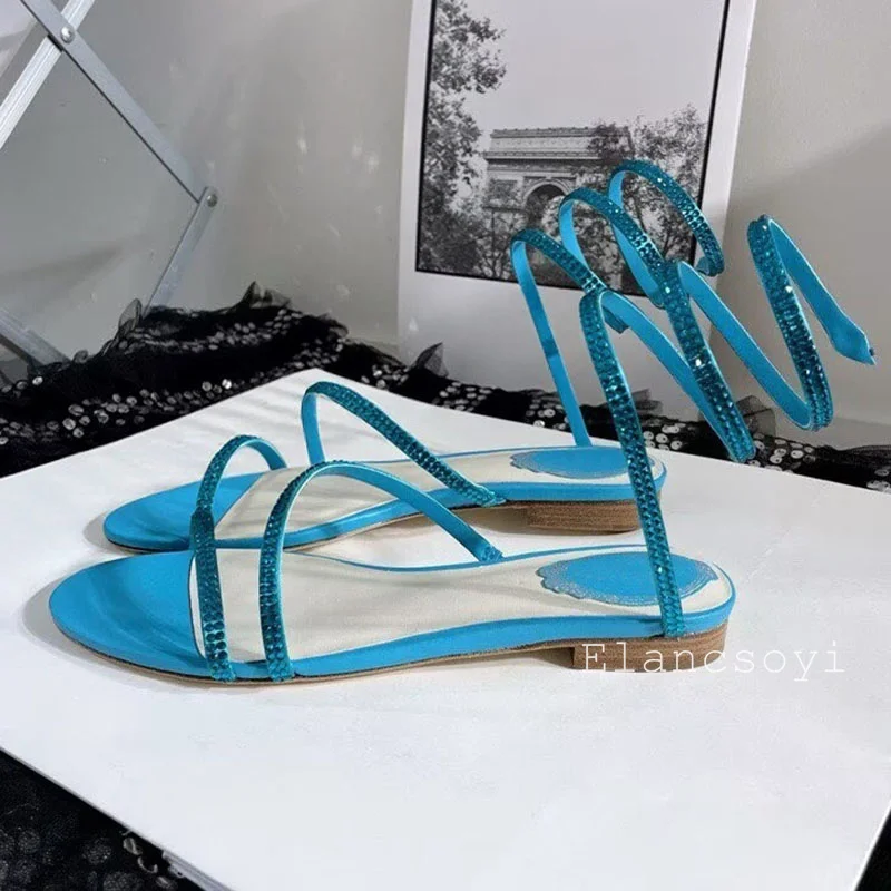Fashion Sandals Women's Bling Rhinestone Ankle Snake Shaped Winding Banquet Shoes Summer Flat Sole Gladiator Sandalias 2026