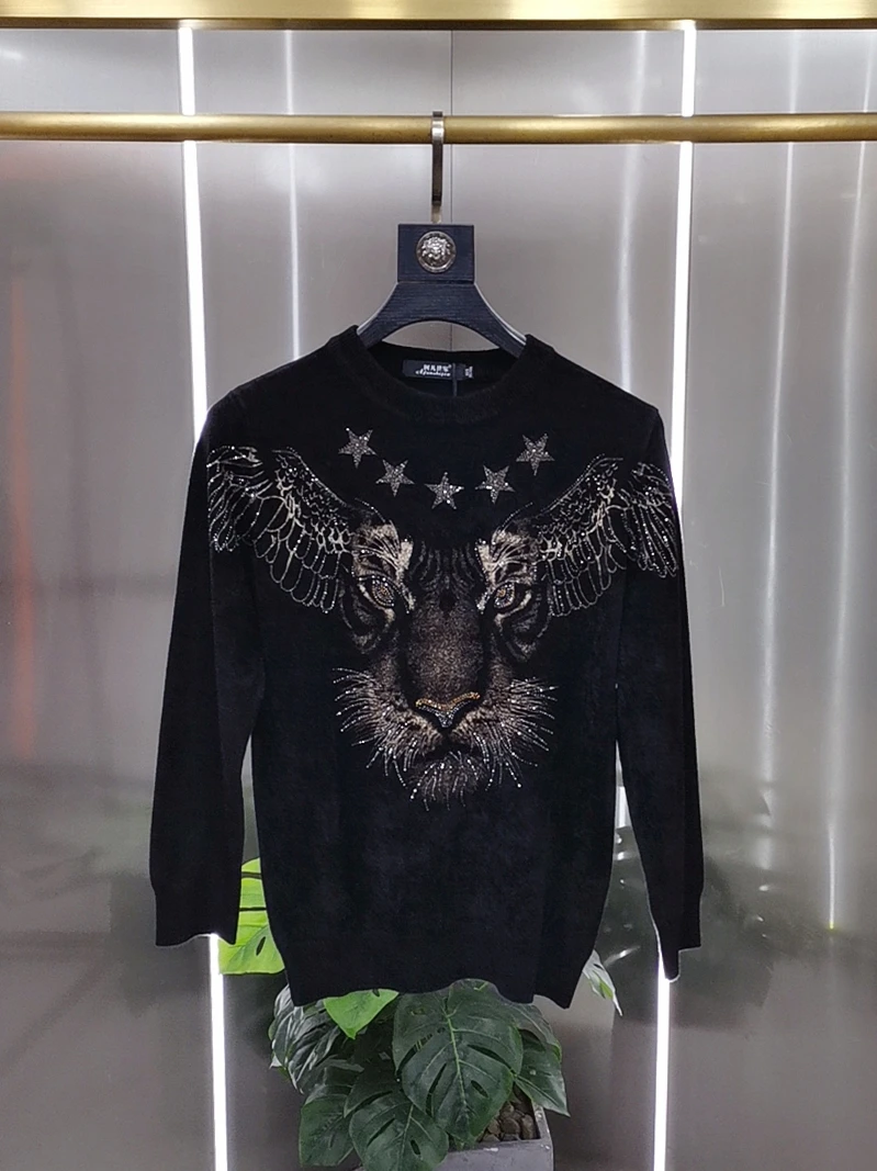 Autumn Winter European Tiger Rhinestone Sweater Men\'s Fashion Round Neck Slim Pullover Luxury Velvet Knitted Top Mens Clothes