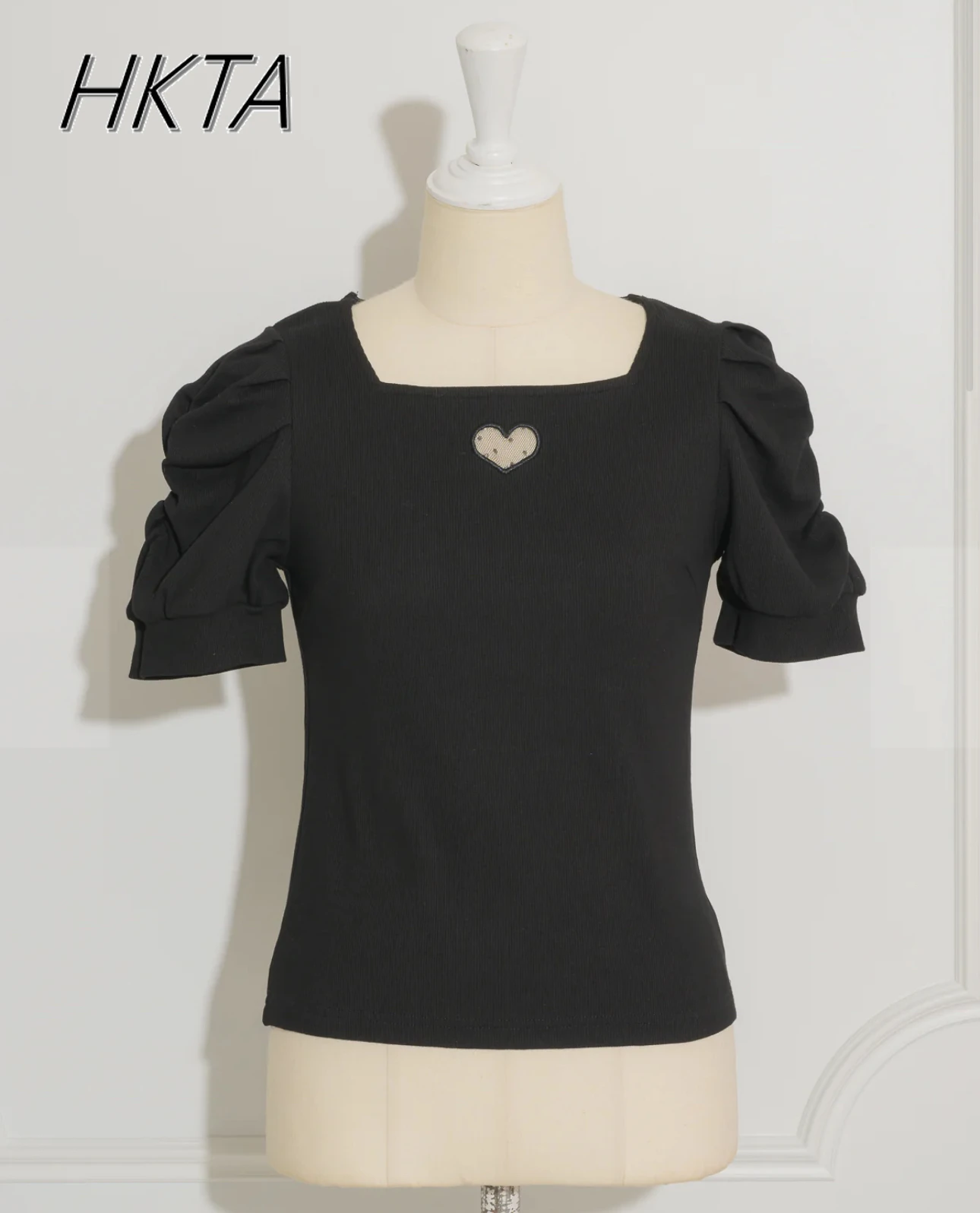 

Japanese Style Square Collar Love Hollow Pleated Bubble Short Sleeved Tops Women Mine Commuter Summer Versatile Black T Shirts