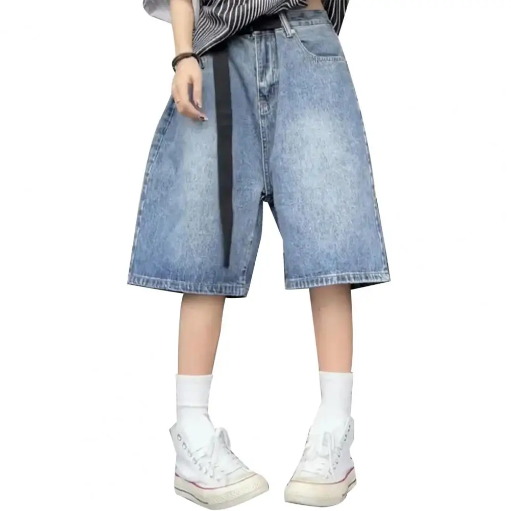 

Retro Women Denim Shorts with Belt Wide Leg Straight Loose Knee Length Hip Hop High Waist Gradient Color Shorts Jeans