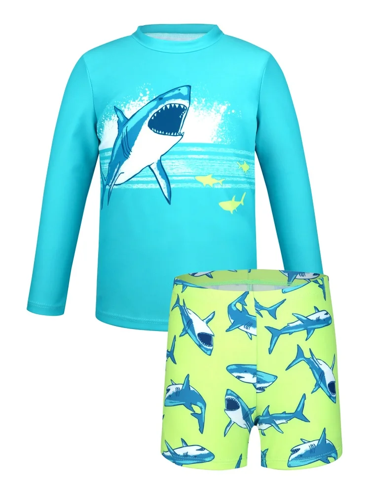 

Boy Kids Swimsuit 2025 New Cartoon Shark Long Sleeve Children Swimwear Summer Two Piece Sports Beach Wear Bathing Suit Swimming