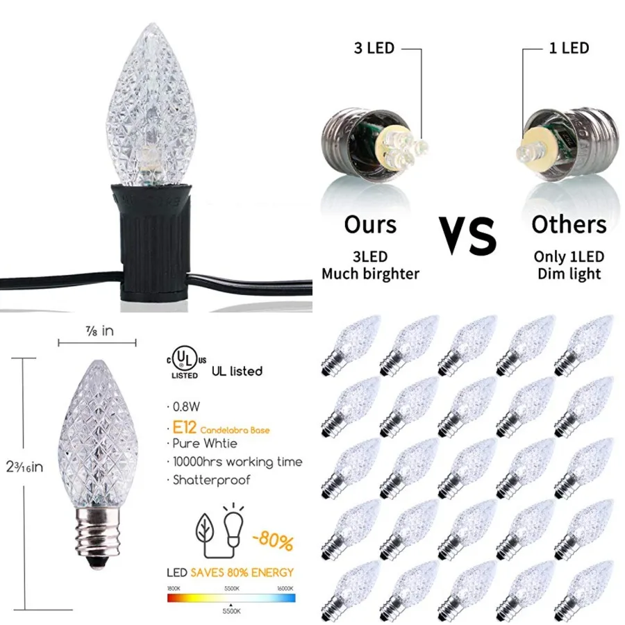 

50 Pack C7 Led Replacement Light Bulb, C7 Shatterproof Christmas Led Bulbs for Christmas String Lights, E12 Candelabra Base, Co